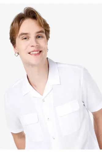 Comfort Fit Shirt Neck Düz Erkek Beyaz Kısa Kol Gömlek - 4