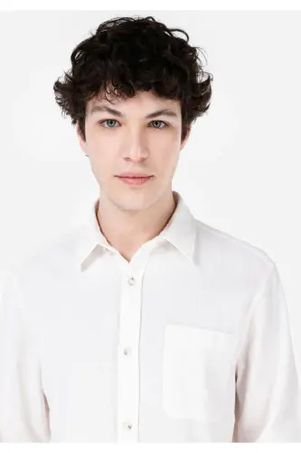 Comfort Fit Shirt Neck Düz Erkek Beyaz Uzun Kol Gömlek - BEYAZ - 3