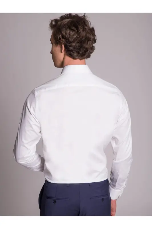 Beyaz Erkek Regular Fit Düz Brent Yaka Uzun Kol Gömlek - 2