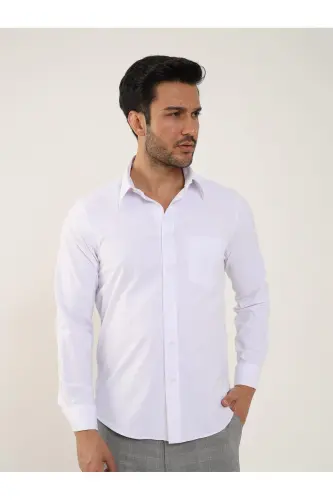Beyaz Erkek Regular Fit Düz Brent Yaka Uzun Kol Gömlek-Beyaz - 1