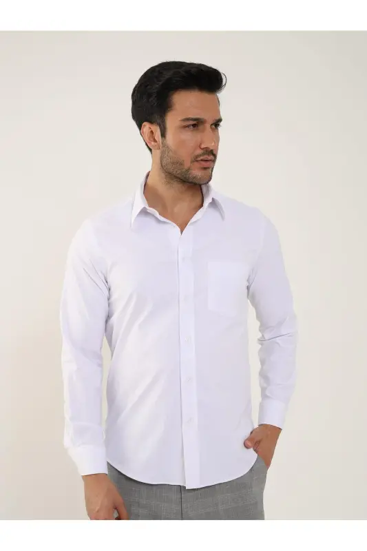 Beyaz Erkek Regular Fit Düz Brent Yaka Uzun Kol Gömlek-Beyaz - DUFY