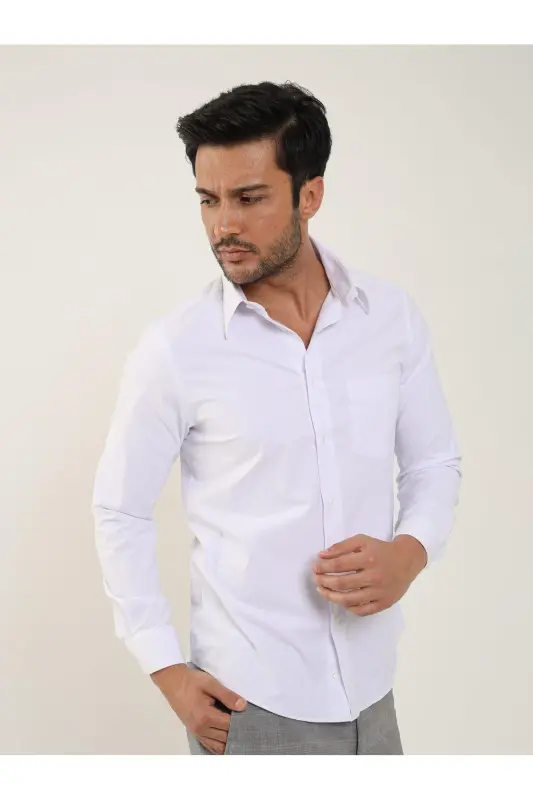 Beyaz Erkek Regular Fit Düz Brent Yaka Uzun Kol Gömlek-Beyaz - 2