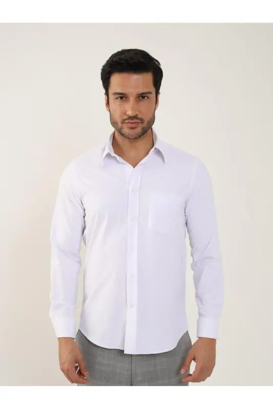 Beyaz Erkek Regular Fit Düz Brent Yaka Uzun Kol Gömlek-Beyaz - 3