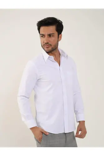 Beyaz Erkek Regular Fit Düz Brent Yaka Uzun Kol Gömlek-Beyaz - 4
