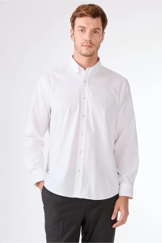 Beyaz Erkek Regular Fit Oxford Brent Düğmeli Yaka Uzun Kol Gömlek - BEYAZ - DUFY