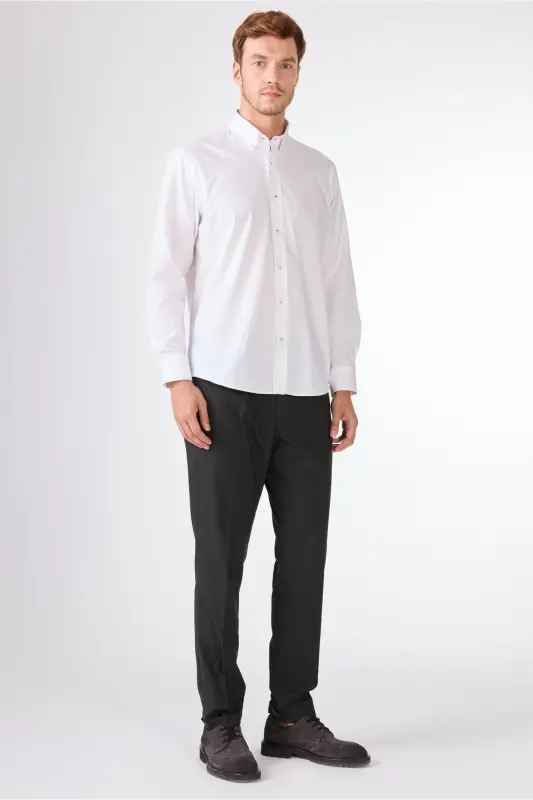 Beyaz Erkek Regular Fit Oxford Brent Düğmeli Yaka Uzun Kol Gömlek-BEYAZ - 4