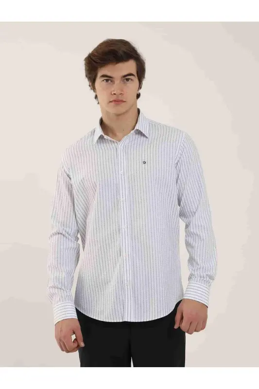 Beyaz Erkek Slim Fit Çizgili Brent Yaka Uzun Kol Gömlek - 1