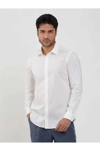 Beyaz Erkek Slim Fit Düz Klasik Yaka Uzun Kol Gömlek - Beyaz - 1