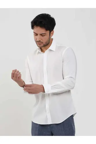Beyaz Erkek Slim Fit Düz Klasik Yaka Uzun Kol Gömlek - Beyaz - 3