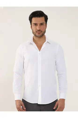 Beyaz Erkek Slim Fit Düz Klasik Yaka Uzun Kol Gömlek - BEYAZ - 3