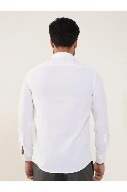 Beyaz Erkek Slim Fit Düz Klasik Yaka Uzun Kol Gömlek - BEYAZ - 5