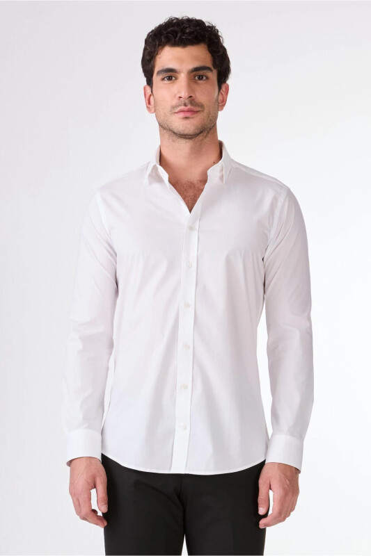 Beyaz Erkek Slim Fit Klasik Yaka Uzun Kol Gömlek - DUFY