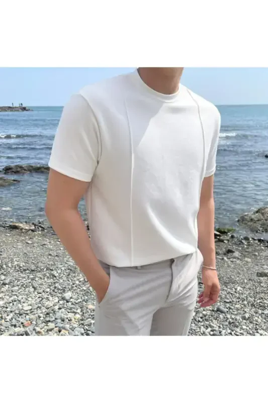 Beyaz Erkek Yuvarlak Yaka 2 Çizgili Örme Triko T-shirt-BEYAZ - 4