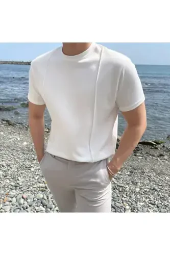 Beyaz Erkek Yuvarlak Yaka 2 Çizgili Örme Triko T-shirt-BEYAZ - 5