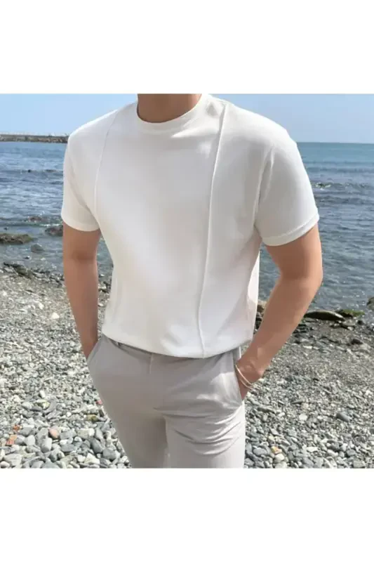 Beyaz Erkek Yuvarlak Yaka 2 Çizgili Örme Triko T-shirt-BEYAZ - 5