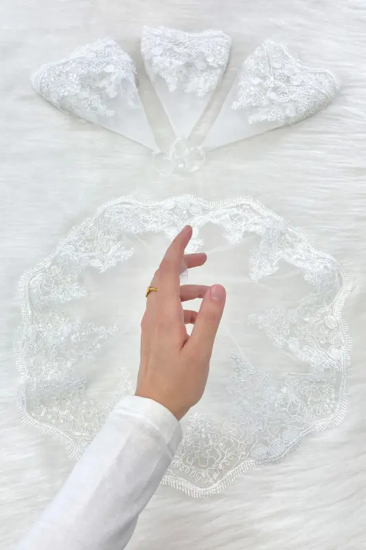 Beyaz Gelin Damat Halay Mendili, Işıl Işıl Güpürlü, Düğün Kına Gecesi Nedime Söz Nişan Bride - MENDİLTELKRMBEYAZ - 4