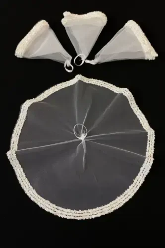 Beyaz Gelin Damat Mendili, Düğün Halay Nedime Kına Sünnet Mendili, Cam Boncuk ve Pul Baskılı-Beyaz - ZEYMERADE (1)