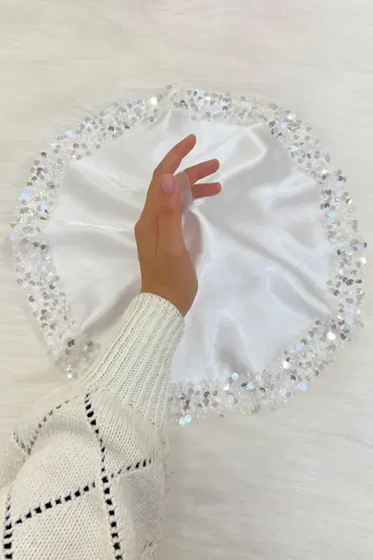 Beyaz Gelin Damat Mendili, Işıl Işıl Pul Detaylı Düğün Halay Nedime Söz Nişan Kına Sünnet Mendil-MENDİLIŞILMODELBEYAZCE - 2