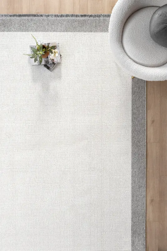 Beyaz Gri Yumuşak Dokuma Halı Bordürlü Salon Mutfak Koridor Yolluk Dokuma Makine Halısı OO20-Beyaz 843 - ELIZ HOME