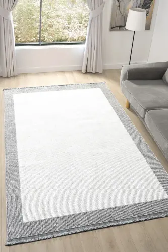Beyaz Gri Yumuşak Dokuma Halı Bordürlü Salon Mutfak Koridor Yolluk Dokuma Makine Halısı OO20-Beyaz 843 - 3