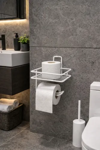 Beyaz Güçlü Yapışkanlı Raflı Tuvalet Kağıtlığı - Delme Gerektirmez, Banyo Düzenleyici-Beyaz - 2