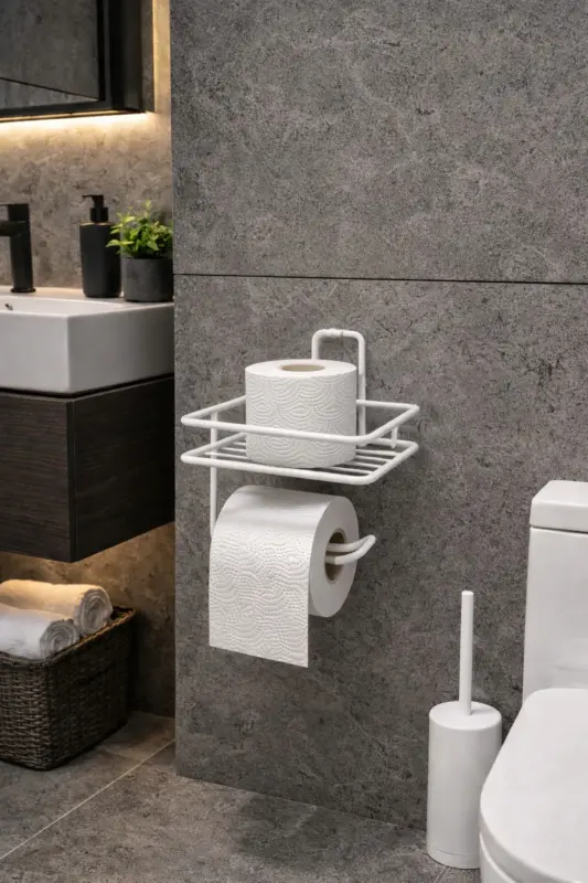 Beyaz Güçlü Yapışkanlı Raflı Tuvalet Kağıtlığı - Delme Gerektirmez, Banyo Düzenleyici-Beyaz - 2