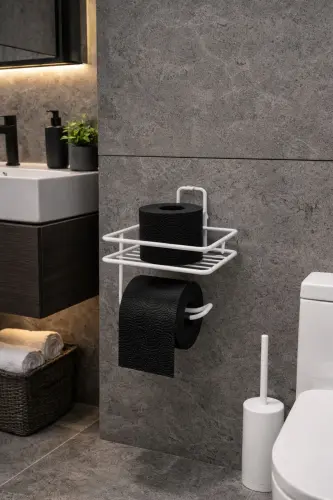 Beyaz Güçlü Yapışkanlı Raflı Tuvalet Kağıtlığı - Delme Gerektirmez, Banyo Düzenleyici-Beyaz - 3