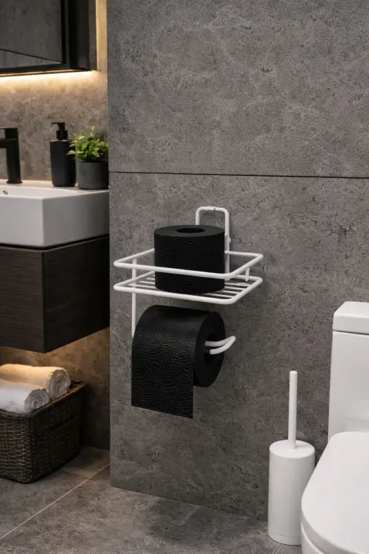 Beyaz Güçlü Yapışkanlı Raflı Tuvalet Kağıtlığı - Delme Gerektirmez, Banyo Düzenleyici-Beyaz - 3