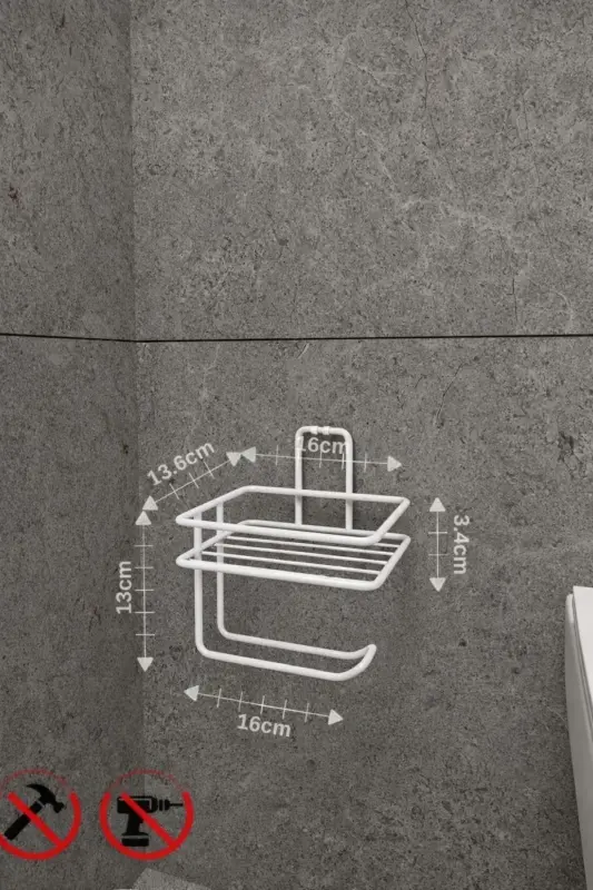 Beyaz Güçlü Yapışkanlı Raflı Tuvalet Kağıtlığı - Delme Gerektirmez, Banyo Düzenleyici-Beyaz - 4