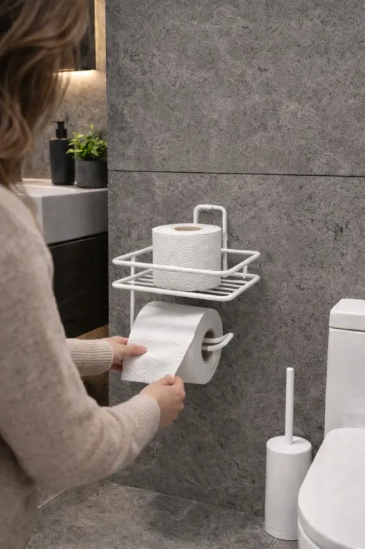 Beyaz Güçlü Yapışkanlı Raflı Tuvalet Kağıtlığı - Delme Gerektirmez, Banyo Düzenleyici-Beyaz - ALPER BANYO