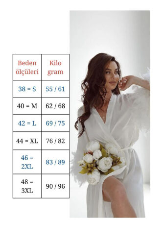 Beyaz Ipeksi Saten ,kaz Tüylü ,gelin ,sabahlık Kimono - 5