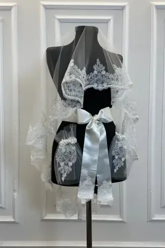 Beyaz Işıl Işıl Güpürlü Gelin Kına Duvağı Seti Düğün Kına Gecesi Yüz Örtüsü Alı-Beyaz - ZEYMERADE (1)