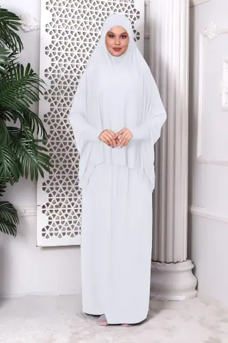 Beyaz Kadın İki Parça Peçeli Penye Namaz Elbisesi - Beyaz 