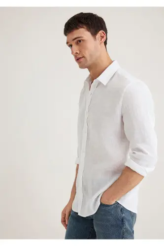 Beyaz Keten Gömlek Slim Fit / Dar Kesim 0211466-620 - Beyaz-620 
