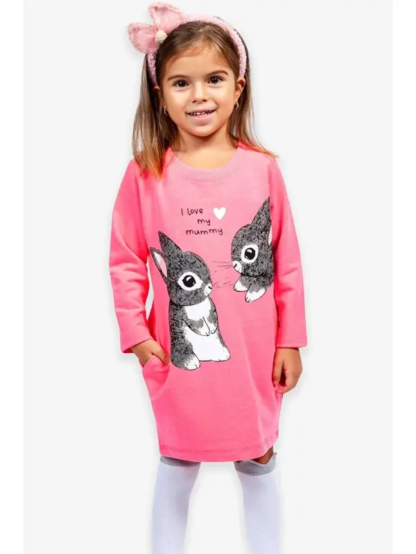 Beyaz Kız Çocuk Tunik Tavşan Desenli Neon Pembe (1.5-2 Yaş)-Beyaz - LC WAIKIKI