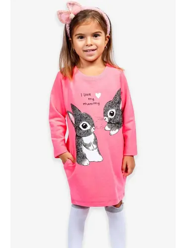 Beyaz Kız Çocuk Tunik Tavşan Desenli Neon Pembe (1.5-2 Yaş)-Beyaz 