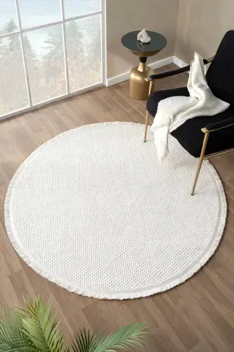 Beyaz Krem Yumuşak Dokulu Yuvarlak Halı Kilim Mutfak Koridor Yolluk Dokuma Makine Halısı 007 DAİRE-Beyaz 7 - 1