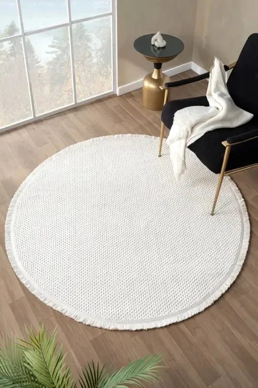 Beyaz Krem Yumuşak Dokulu Yuvarlak Halı Kilim Mutfak Koridor Yolluk Dokuma Makine Halısı 007 DAİRE-Beyaz 7 - 1