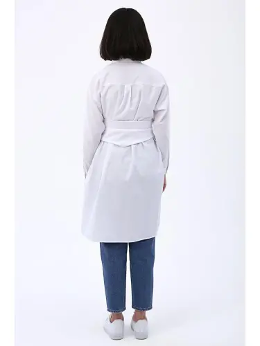 Beyaz Kuşaklı Rahat Kalıp Gömlek Tunik-Beyaz - 4