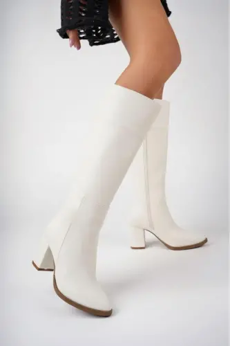Beyaz Long Fermuarlı Cilt Çizme-BEYAZ 
