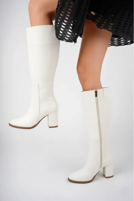 Beyaz Long Fermuarlı Cilt Çizme-BEYAZ - 3