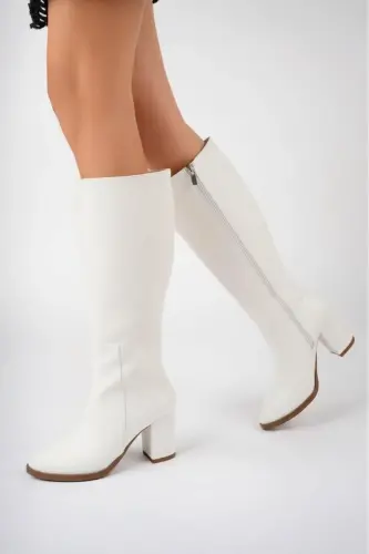 Beyaz Long Fermuarlı Cilt Çizme-BEYAZ - DIFOLIA (1)