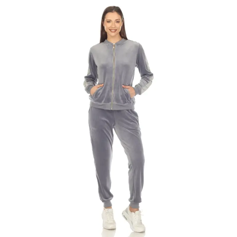 White Mark Women's 2-Piece Velour Long Sleeve Tracksuit Set with Faux Leather Stripe- - 1