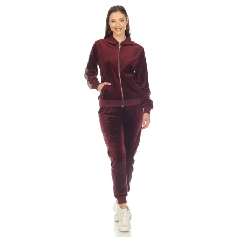 White Mark Women's 2-Piece Velour Long Sleeve Tracksuit Set with Faux Leather Stripe- - 6