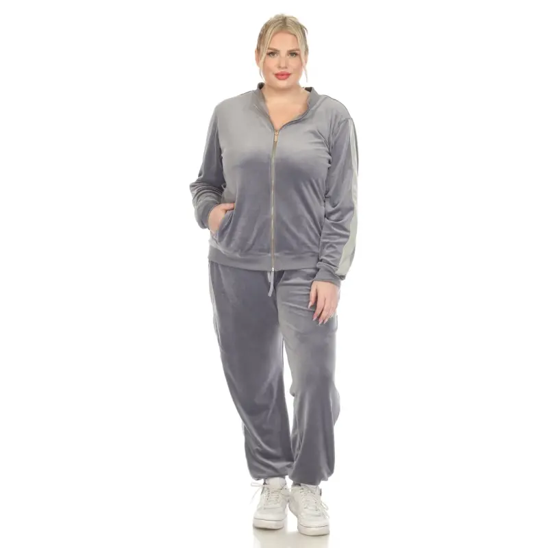White Mark Women's 2-Piece Velour Long Sleeve Tracksuit Set with Faux Leather Stripe- - 10