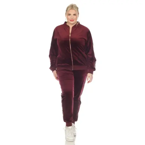 White Mark Women's 2-Piece Velour Long Sleeve Tracksuit Set with Faux Leather Stripe- - 12