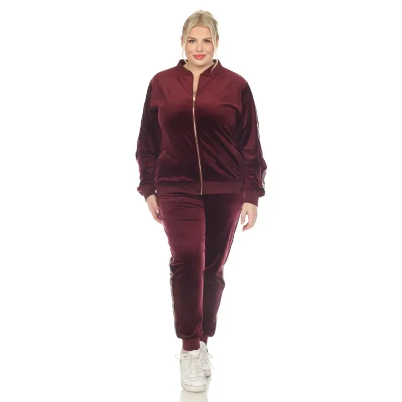 White Mark Women's 2-Piece Velour Long Sleeve Tracksuit Set with Faux Leather Stripe- - 12