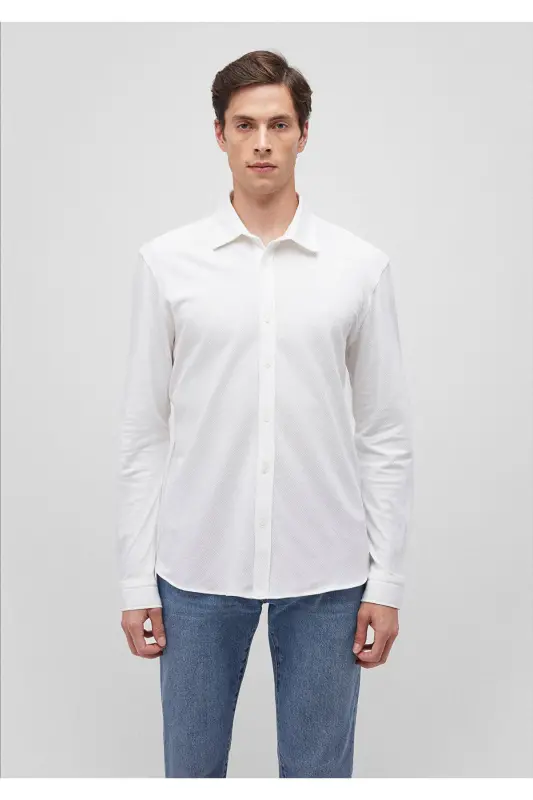 Beyaz Örme Gömlek Slim Fit / Dar Kesim 0211107-620 - Beyaz-620 - 4