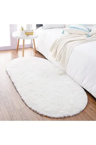Beyaz Oval Post Halı Peluş Yumuşak Kaymaz Dot Taban Antibakteriyel - Beyaz - 1