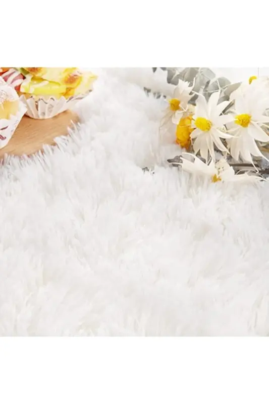 Beyaz Oval Post Halı Peluş Yumuşak Kaymaz Dot Taban Antibakteriyel - Beyaz - 2